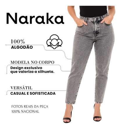 Calça Mom Jeans Feminina Cintura Alta Marmorizada