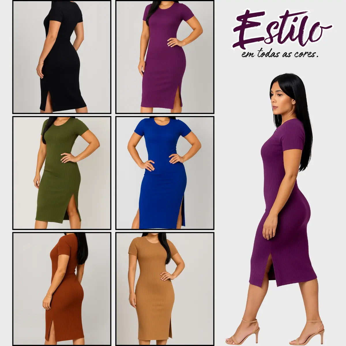 Vestido Canelado Midi Com Manga e Fenda Lateral Casual Básico