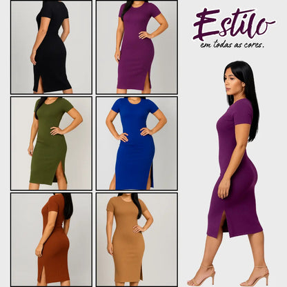 Vestido Canelado Midi Com Manga e Fenda Lateral Casual Básico