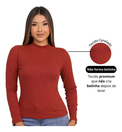 Blusa Feminina Canelada Gola Alta Manga Comprida Cacharrel