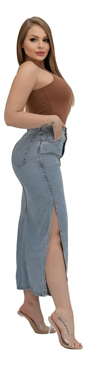 Saia Jeans Longa Midi Feminina Cintura Alta Com Fenda