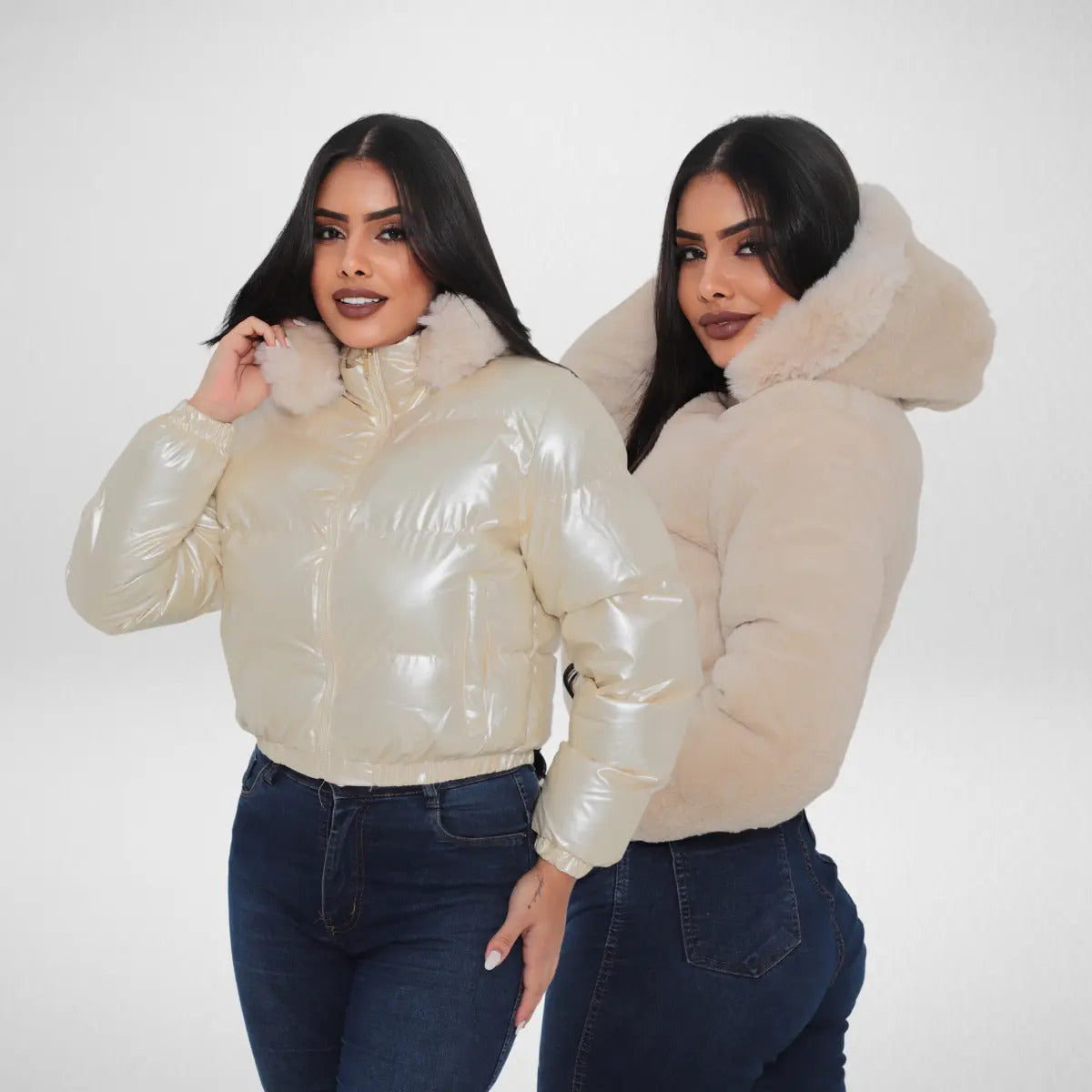 Jaqueta Feminina De Inverno Cropped Dupla Face Com Capuz