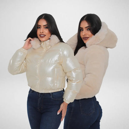 Jaqueta Feminina De Inverno Cropped Dupla Face Com Capuz