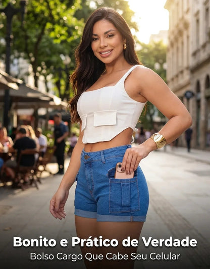 Short Jeans Feminino Shorts Cargo Com Lycra Cintura Alta