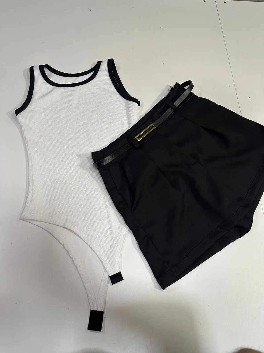 Kit Short Alfaiataria Body Canelado Feminino Liso