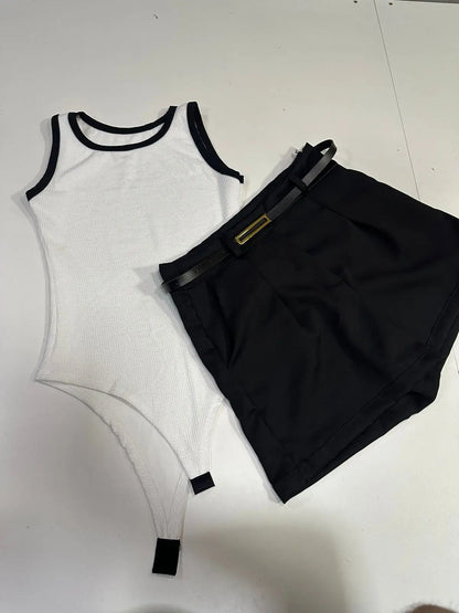 Kit Short Alfaiataria Body Canelado Feminino Liso