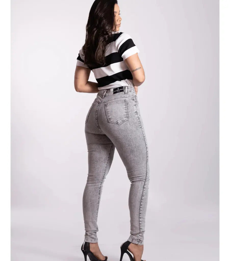 Calça Skinny Jeans Feminina Cintura Alta Marmorizada Lycra