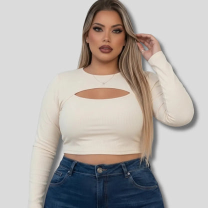 Cropped Feminino Plus Size Manga Longa Com Decote