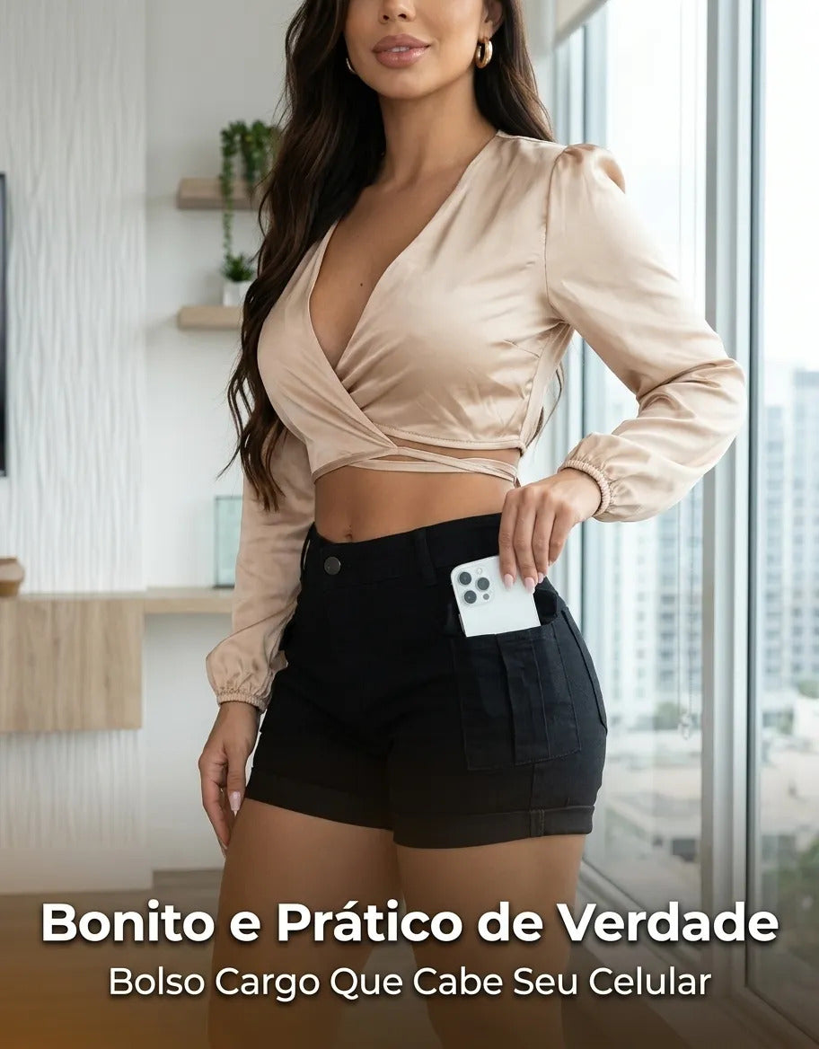 Short Jeans Feminino Shorts Cargo Com Lycra Cintura Alta