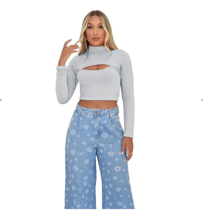 Cropped Gringa Manga Longa Blusinha Blogueira Gola Alta