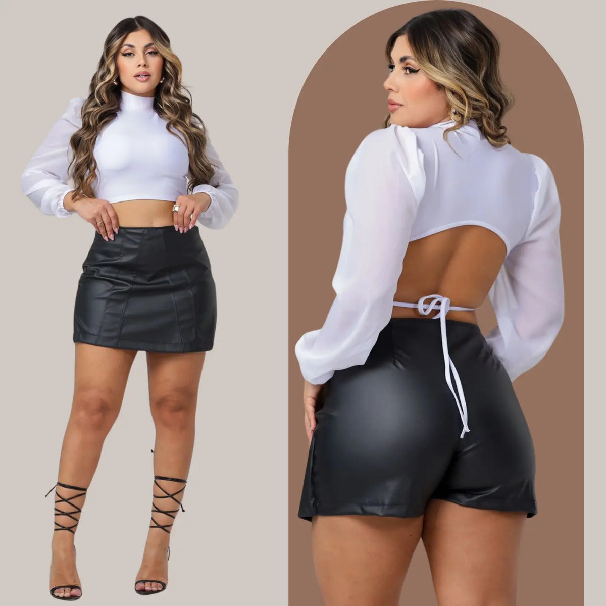 Short Saia Feminino Couro Fake Alta Moda Gringa Blogueira