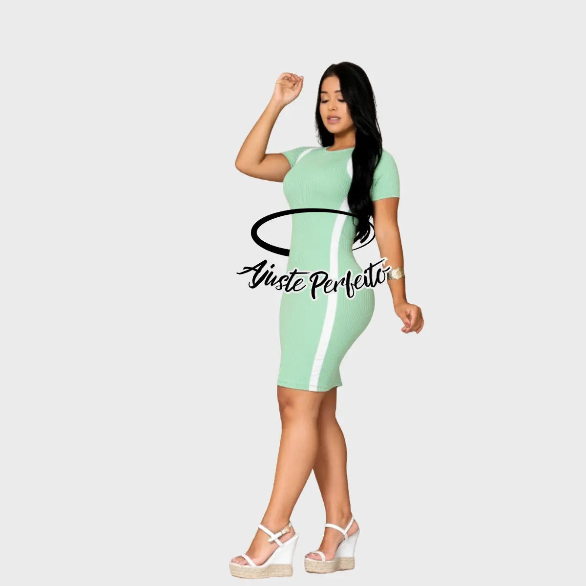 Vestido Canelado Curto Com Manga Casual Básico Modelador