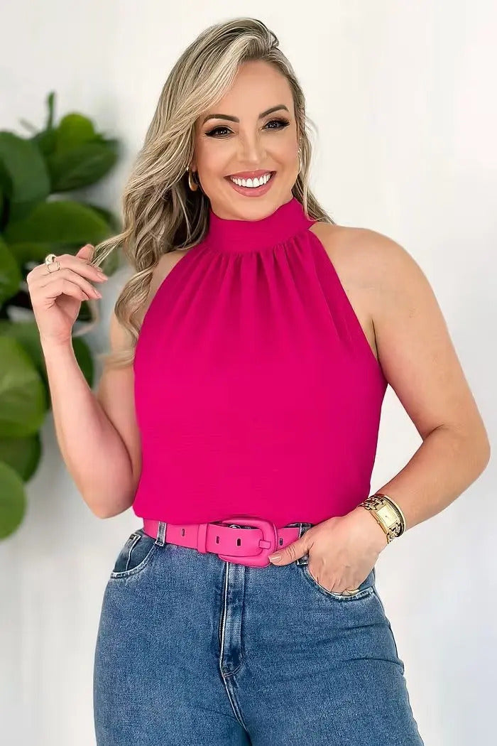 Blusa Feminina Regata Gola Alta Plissada Elegante