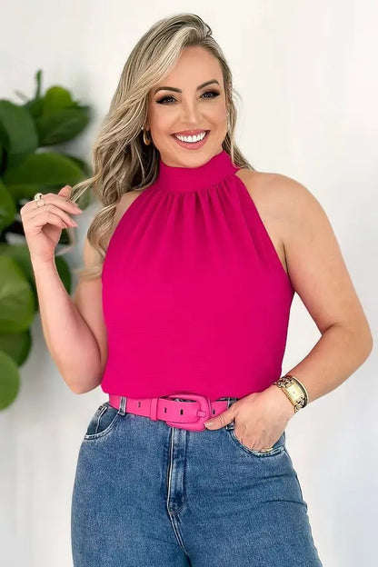 Blusa Feminina Regata Gola Alta Plissada Elegante
