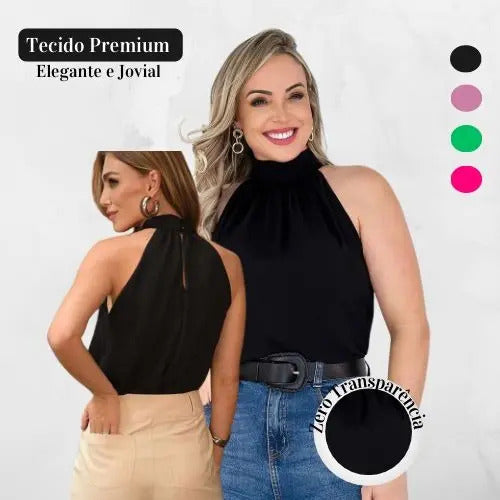 Blusa Feminina Regata Gola Alta Plissada Elegante
