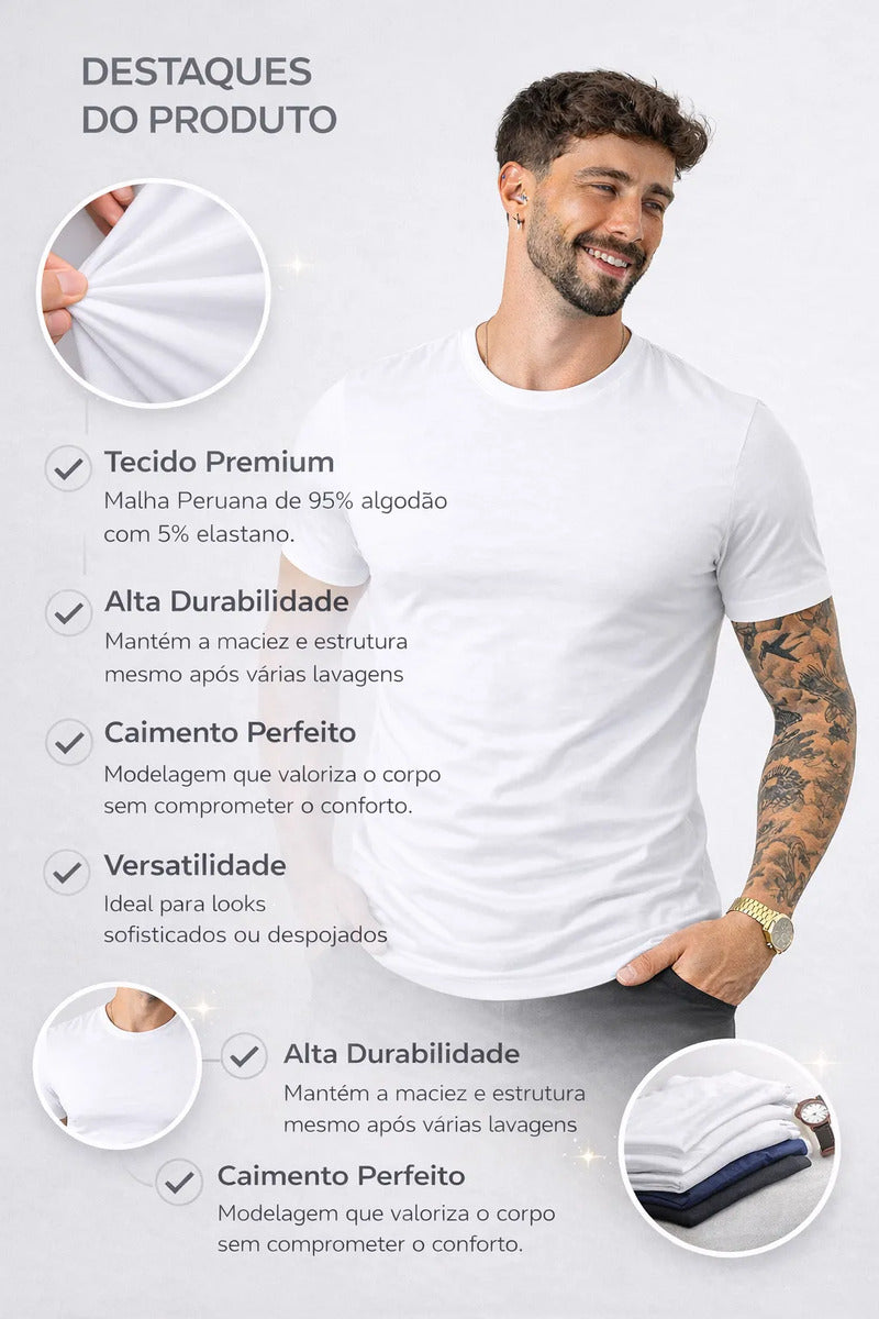 Camiseta Basica Masculina Algodão Lisa Malha Peruana Premium