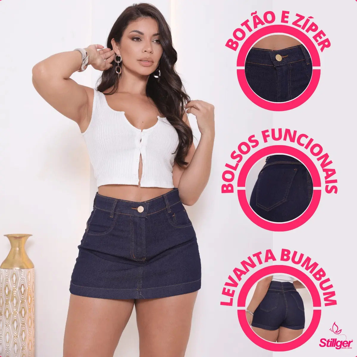 Short Saia Jeans Feminino Cintura Alta Com Lycra Stillger