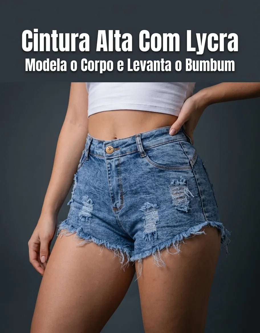 Short Jeans Feminino Cintura Alta Com Lycra Barra Desfiada