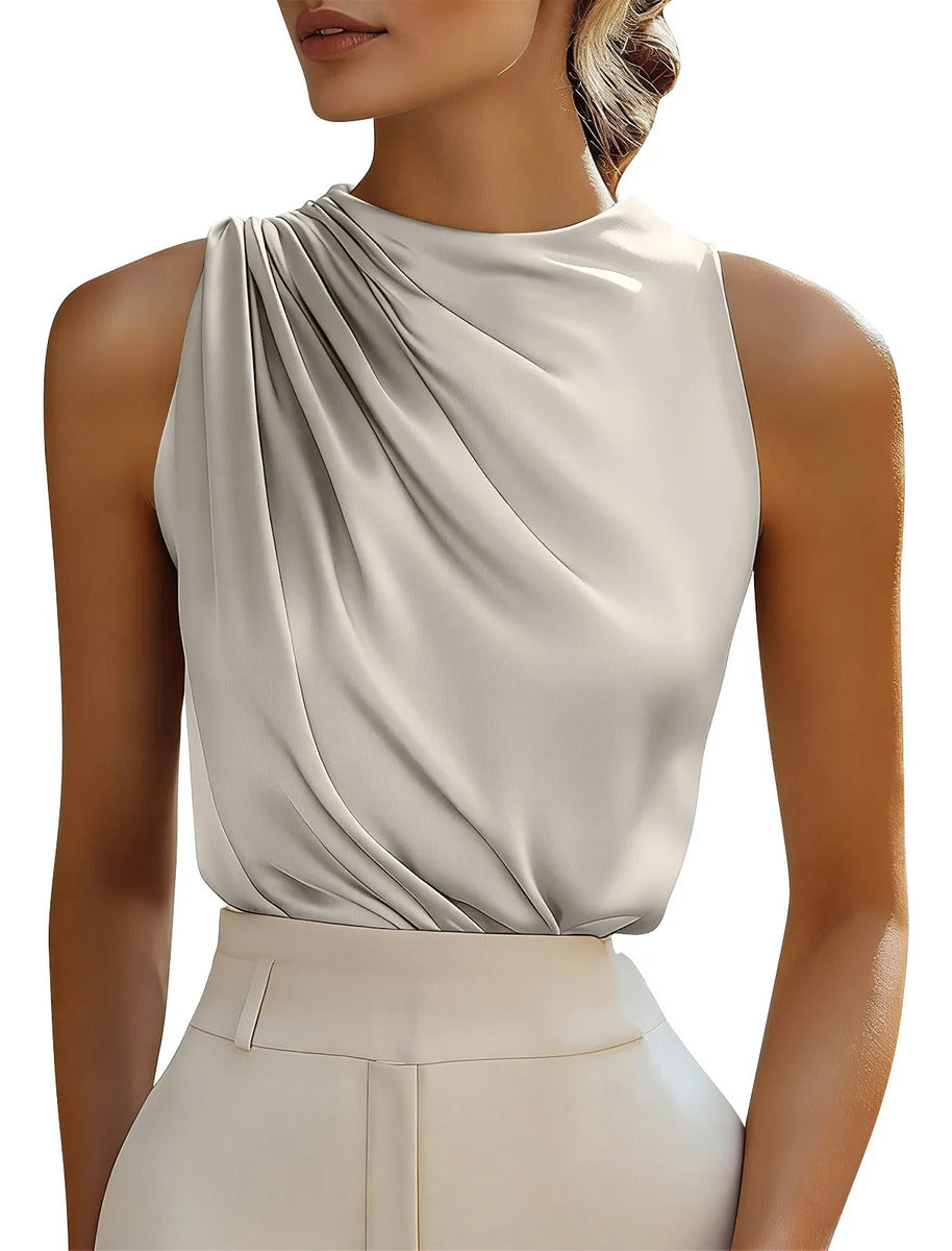 Camisa Feminina, Cor Sólida, Seda E Cetim, Blusa Longa
