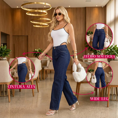 Calça Jeans Wide Leg Feminina Cintura Alta Caimento Perfeito