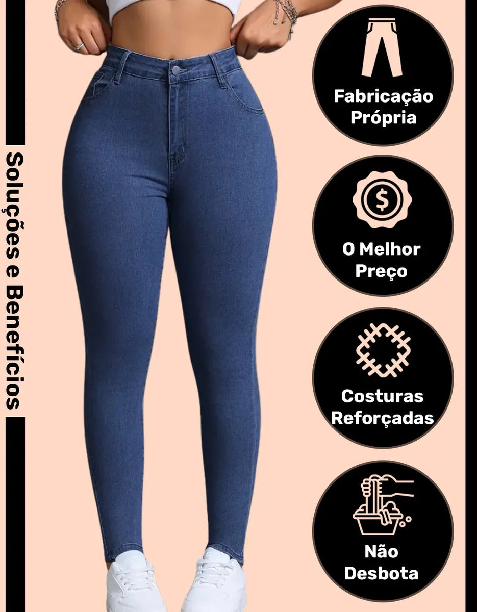 Calça Skinny Jeans Básica Feminina Cintura Alta Look Casual