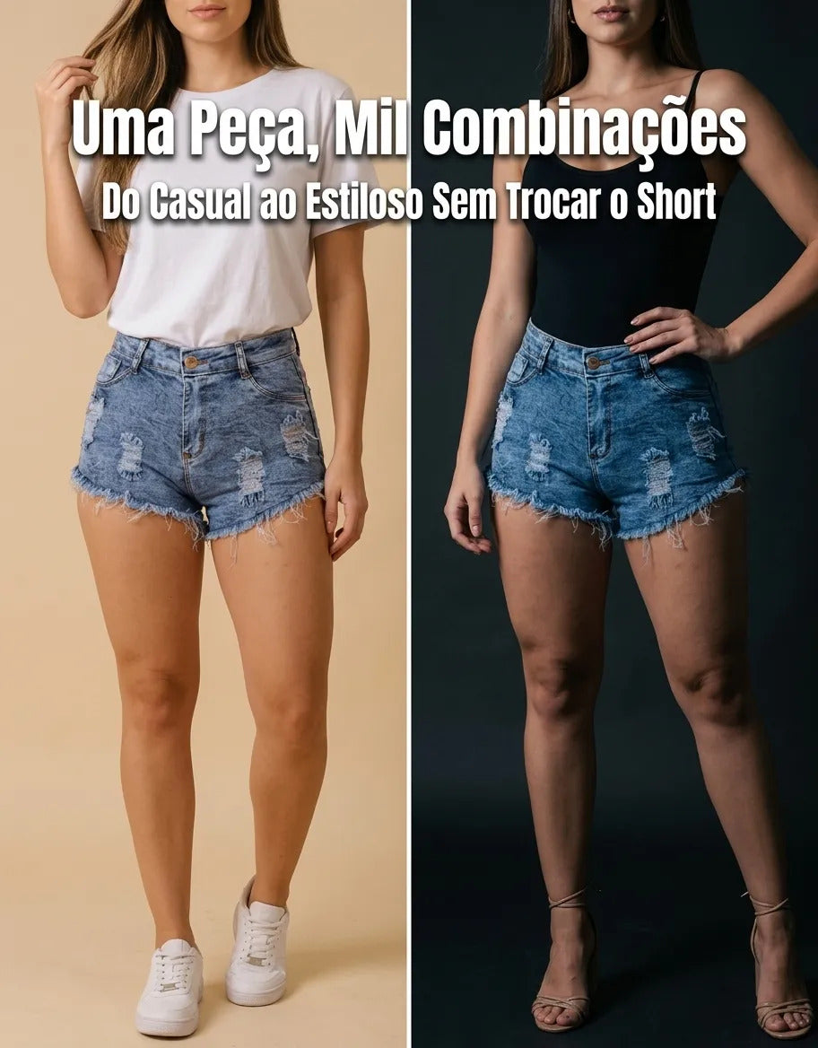 Short Jeans Feminino Cintura Alta Com Lycra Barra Desfiada