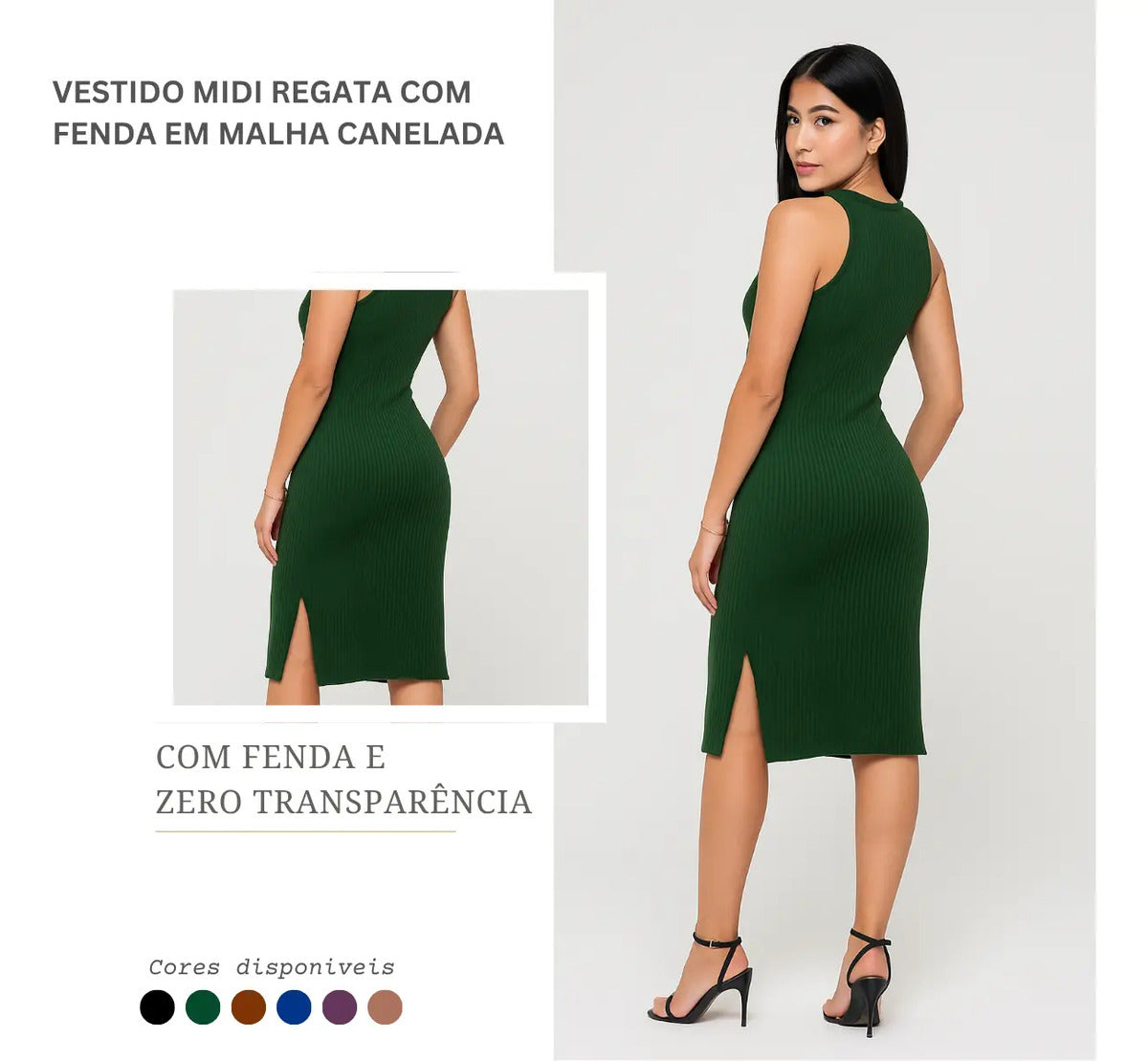 Vestido Canelado Midi Regata Com Fenda Zero Transparência