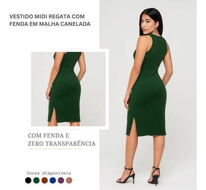 Vestido Canelado Midi Regata Com Fenda Zero Transparência