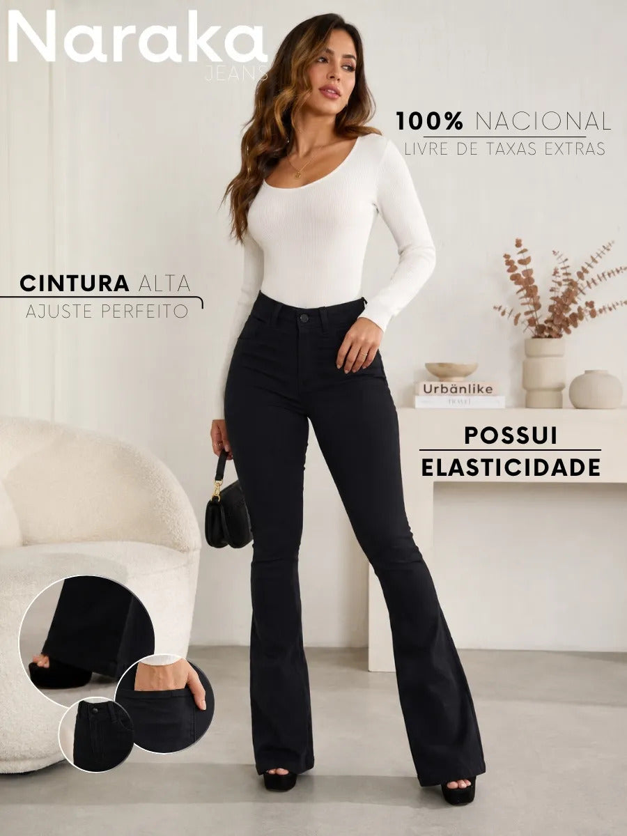 Calça Jeans Flare Feminina Cintura Alta Com Elastano