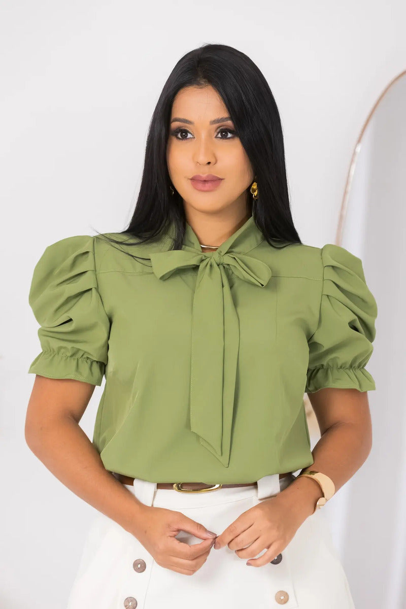 Blusa Emily Gola Laço Manga Curta Bufante