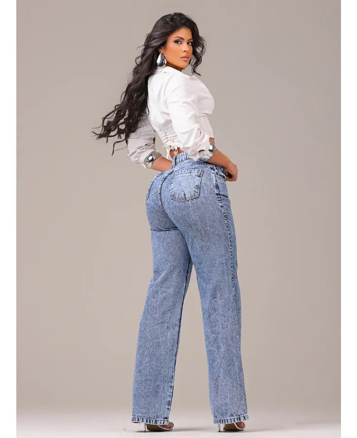 Calça Jeans Feminina Wide Leg Levanta Bumbum Cintura Alta
