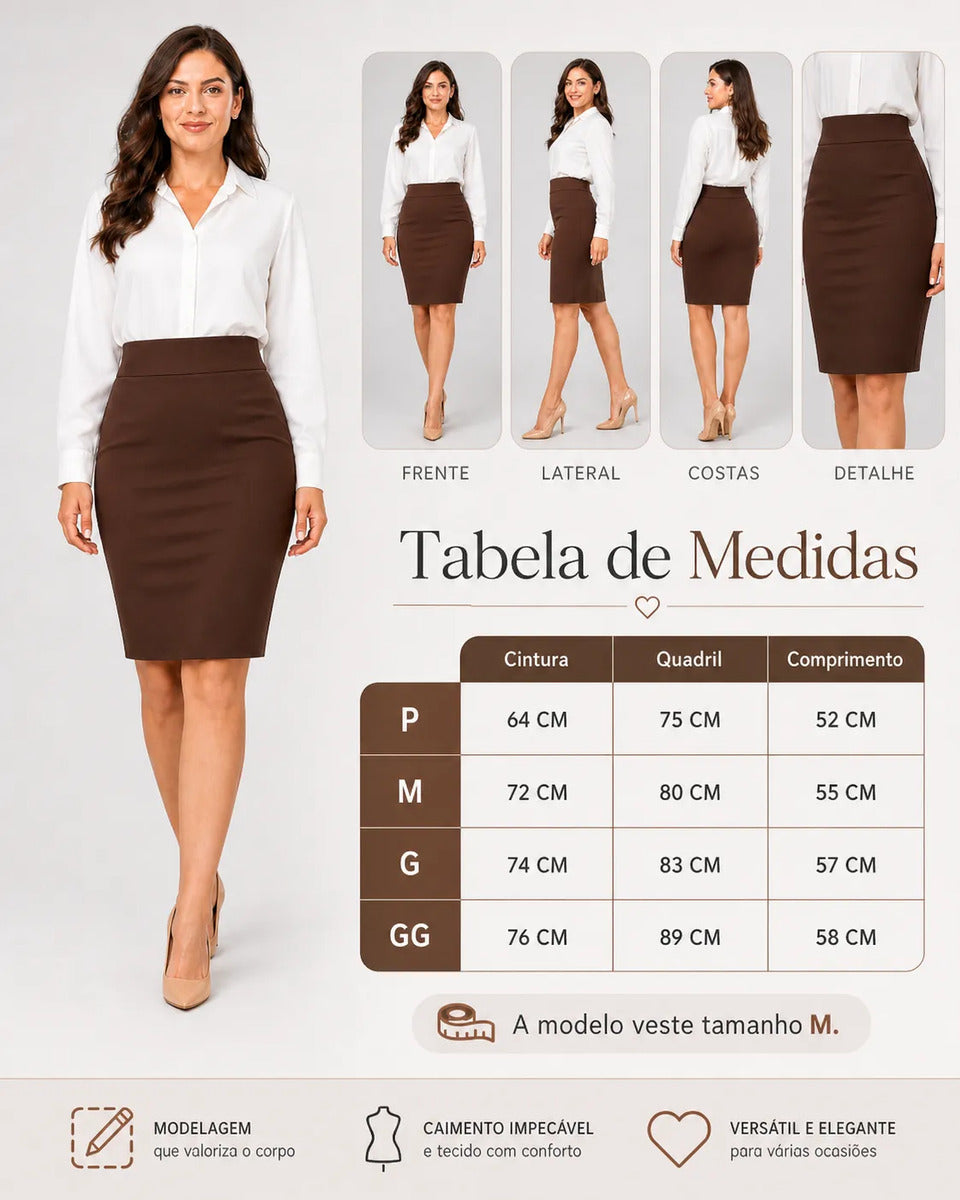 Saia Lapis Midi Social Feminina Secretaria Cintura Alta Lisa