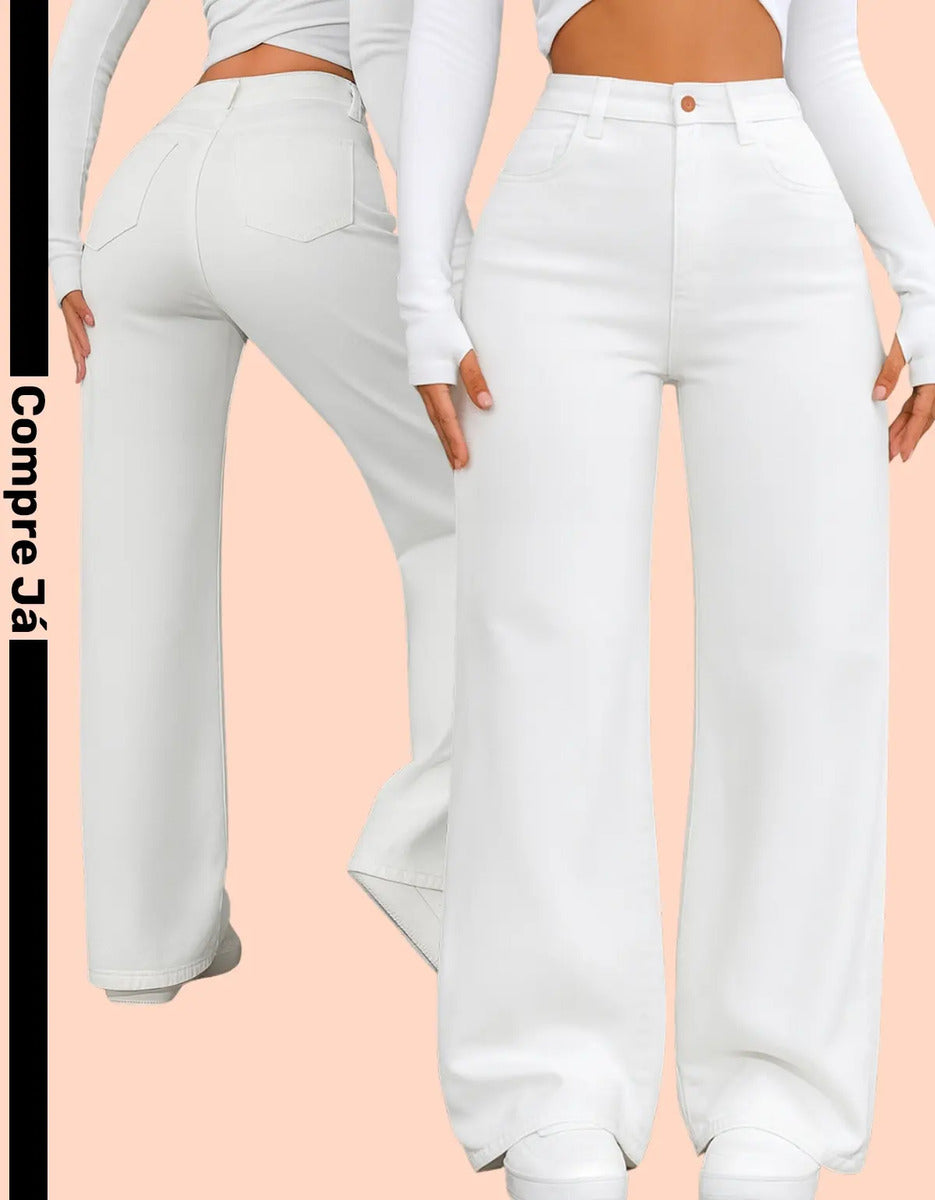 Calça Wide Leg Jeans Feminina Reta Perna Larga Empina Bumbum