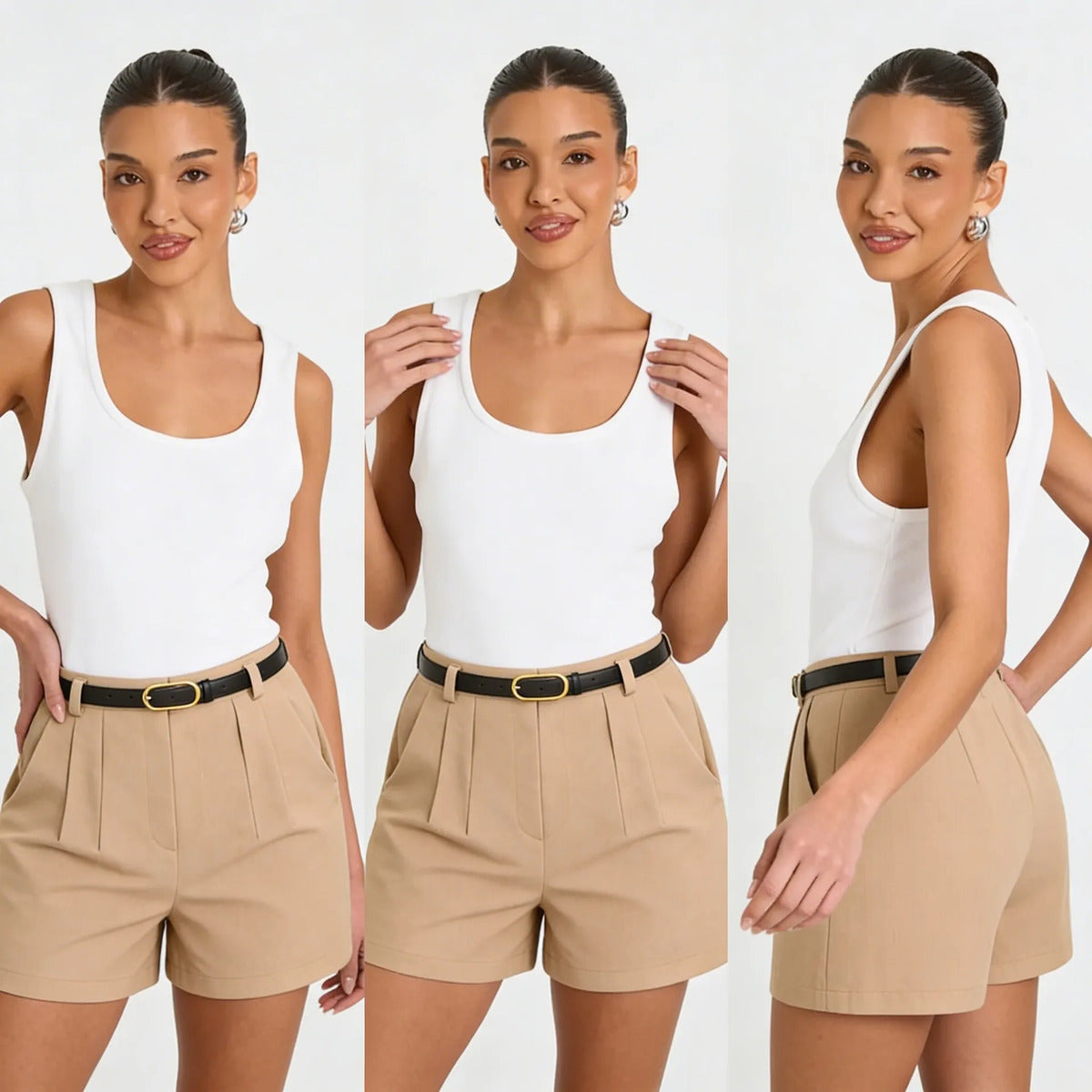 Short Alfaiataria Feminino Social Cintura Alta Cinto Bolso