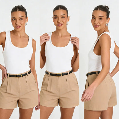 Short Alfaiataria Feminino Social Cintura Alta Cinto Bolso