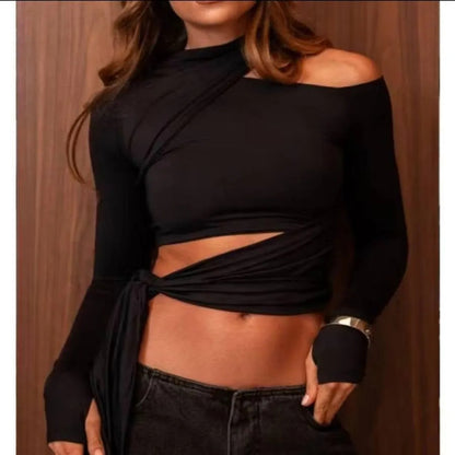 Blusa Cropped Feminina Manga Longa Ombrinho  Luvinha Amarrar