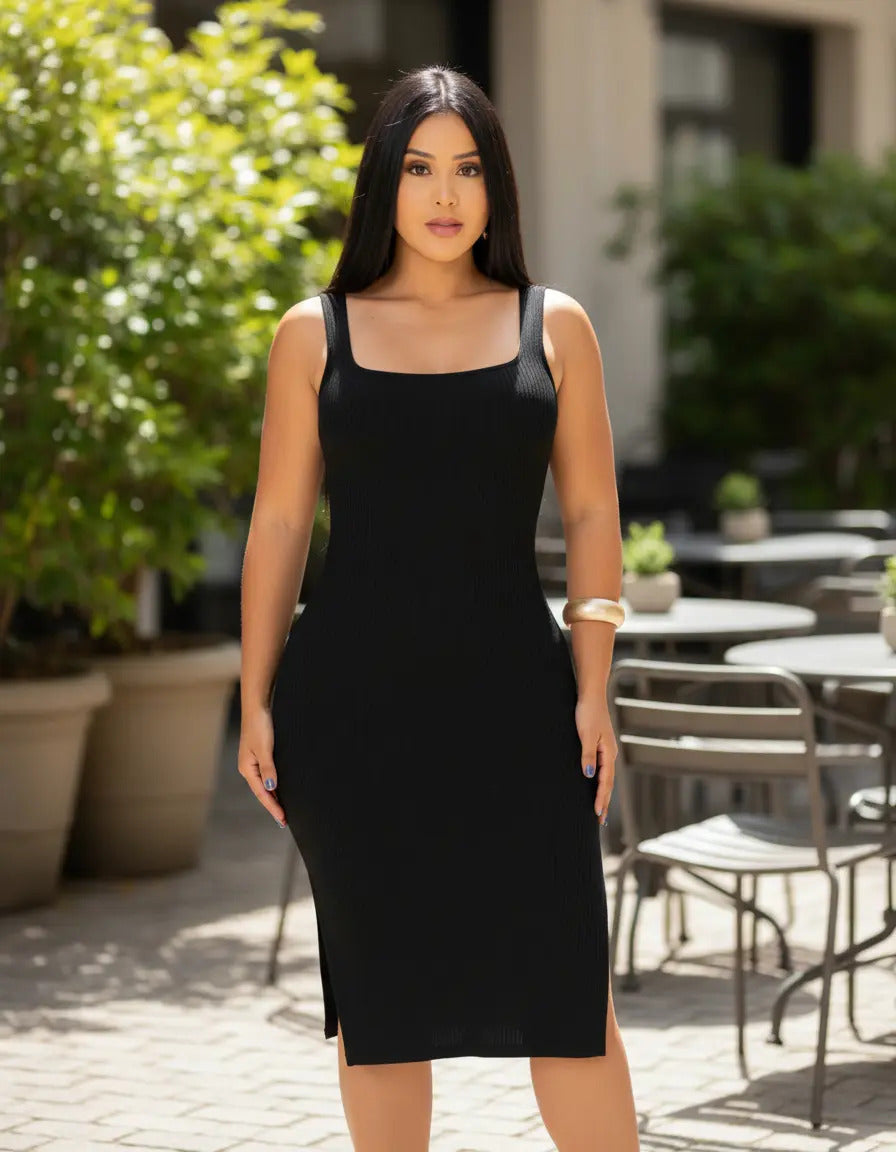 Vestido Midi Canelado Premium Com Alça E Fendas Casual Básico