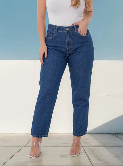 Calça Mom Jeans Feminina Cintura Alta Marmorizada
