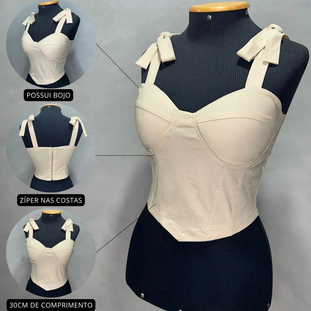 Croped Bengaline Corselet Corset Alcinha De Amarrar Com Bojo