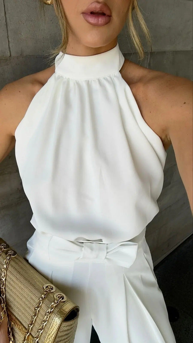 Blusa Feminina Regata Gola Alta Plissada Elegante