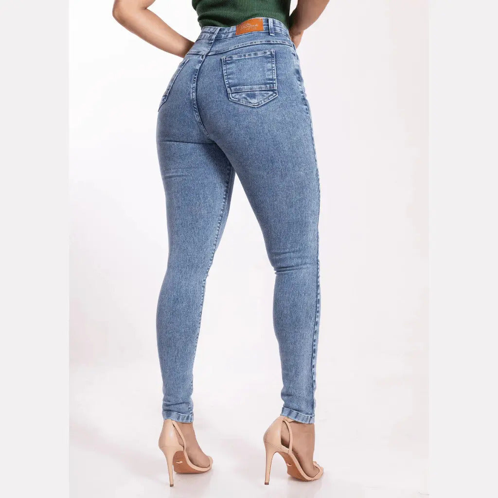 Calça Skinny Jeans Feminina Cintura Alta Marmorizada Lycra