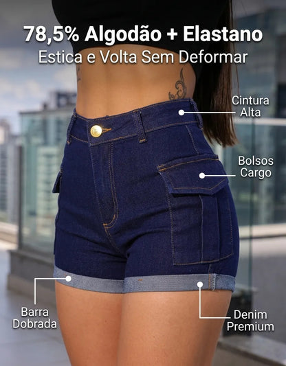 Short Jeans Feminino Shorts Cargo Com Lycra Cintura Alta
