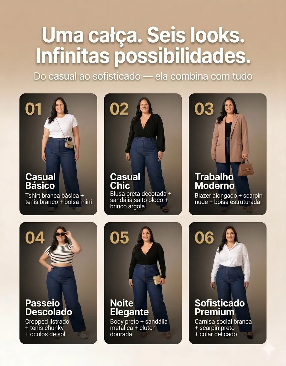 Calça Plus Size Jeans Feminina Wide Leg Levanta Bumbum