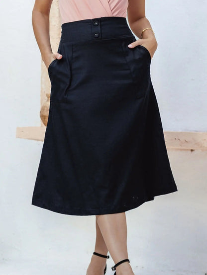 Saia Midi De Linho Elegante Com Botões Encapados