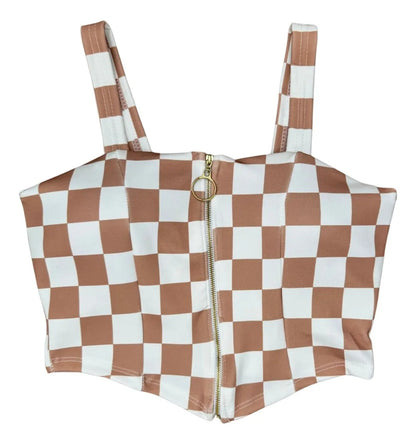 Cropped Zipper Corset Xadrez Balada Country Luxo Premium