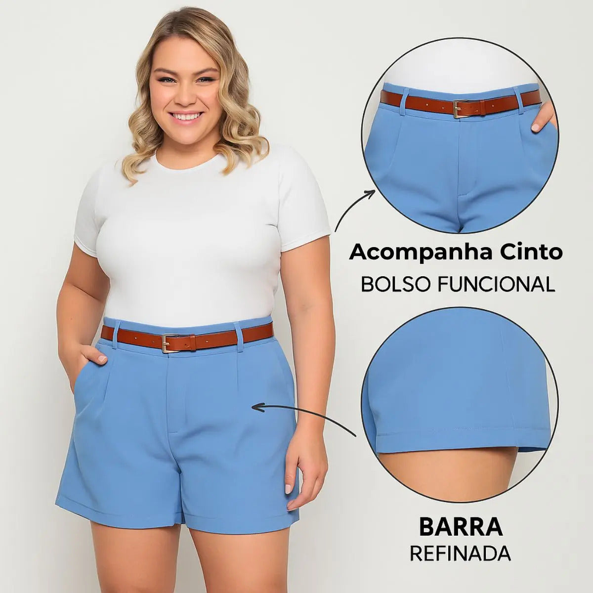 Kit 2 Shorts Femininos Plus Size Cintura Alta Com Cinto