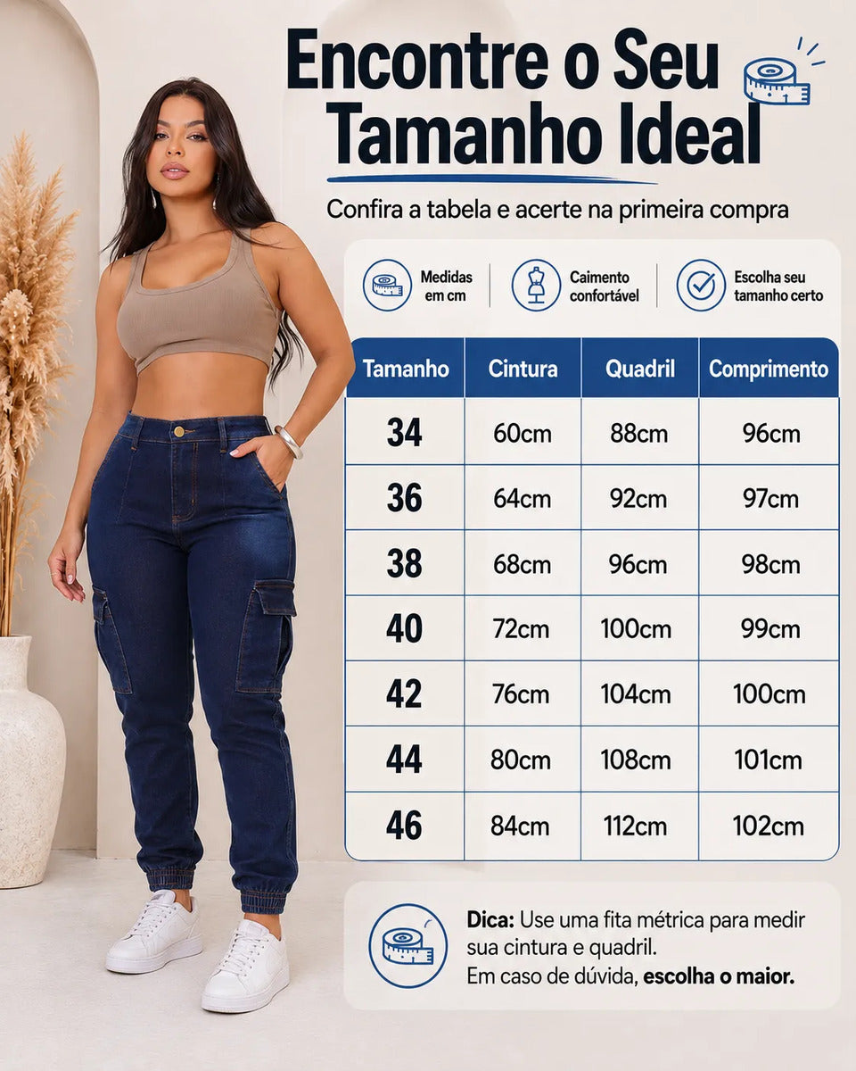 Calça Cargo Jogger Jeans Feminina Cintura Alta Com Lycra