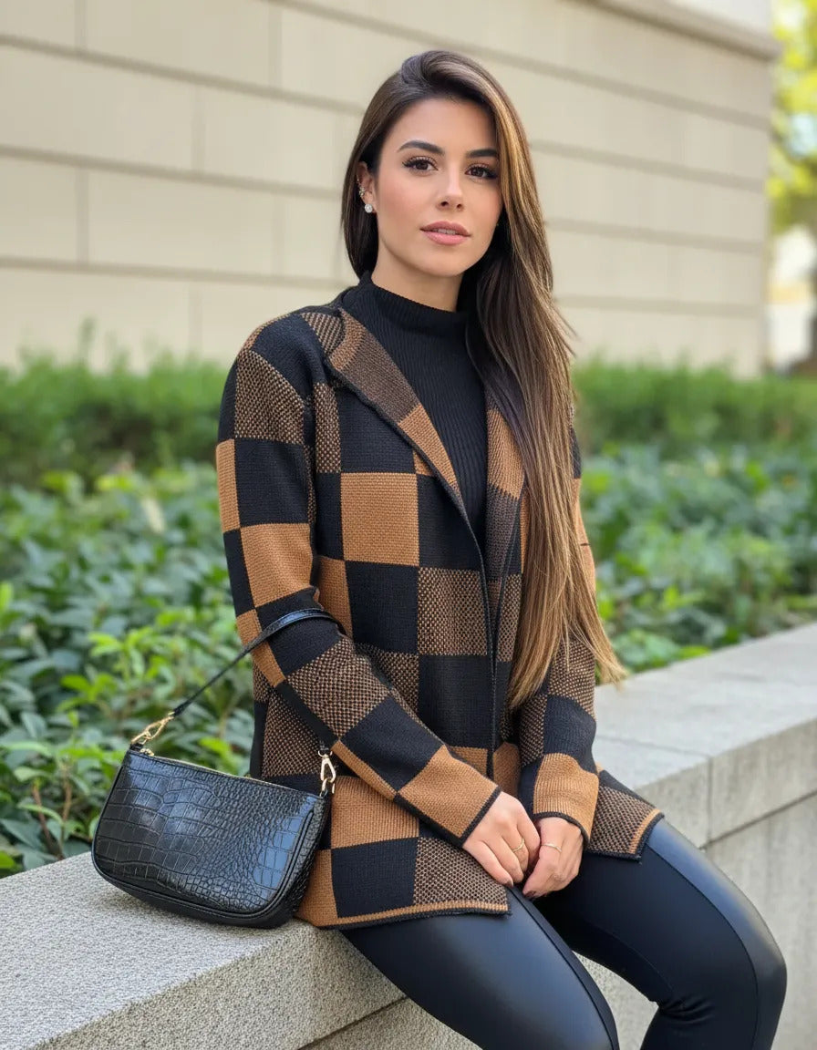 Casaco Cardigan Xadrez Tricot Blusa De Frio Kimono Inverno