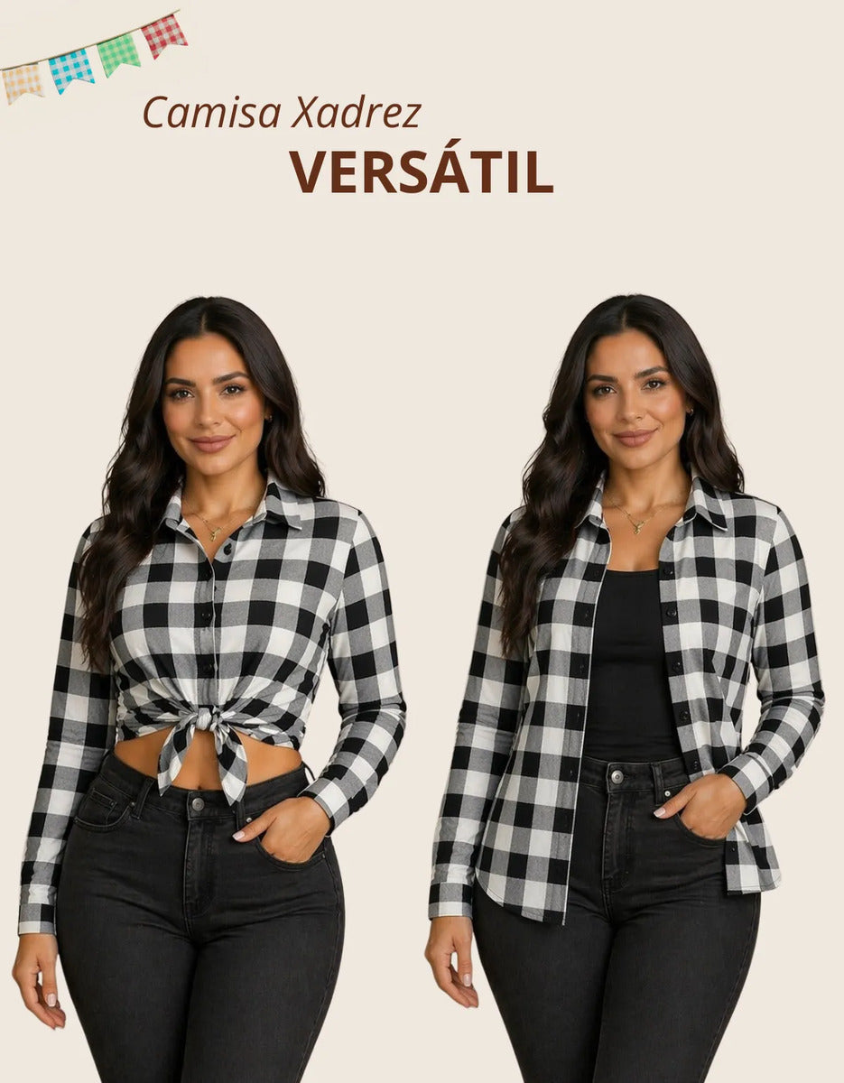 Camisa Xadrez Longa Blusa Manga Festa Junina Social De Botão