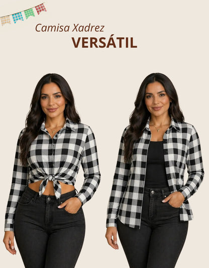 Camisa Xadrez Longa Blusa Manga Festa Junina Social De Botão